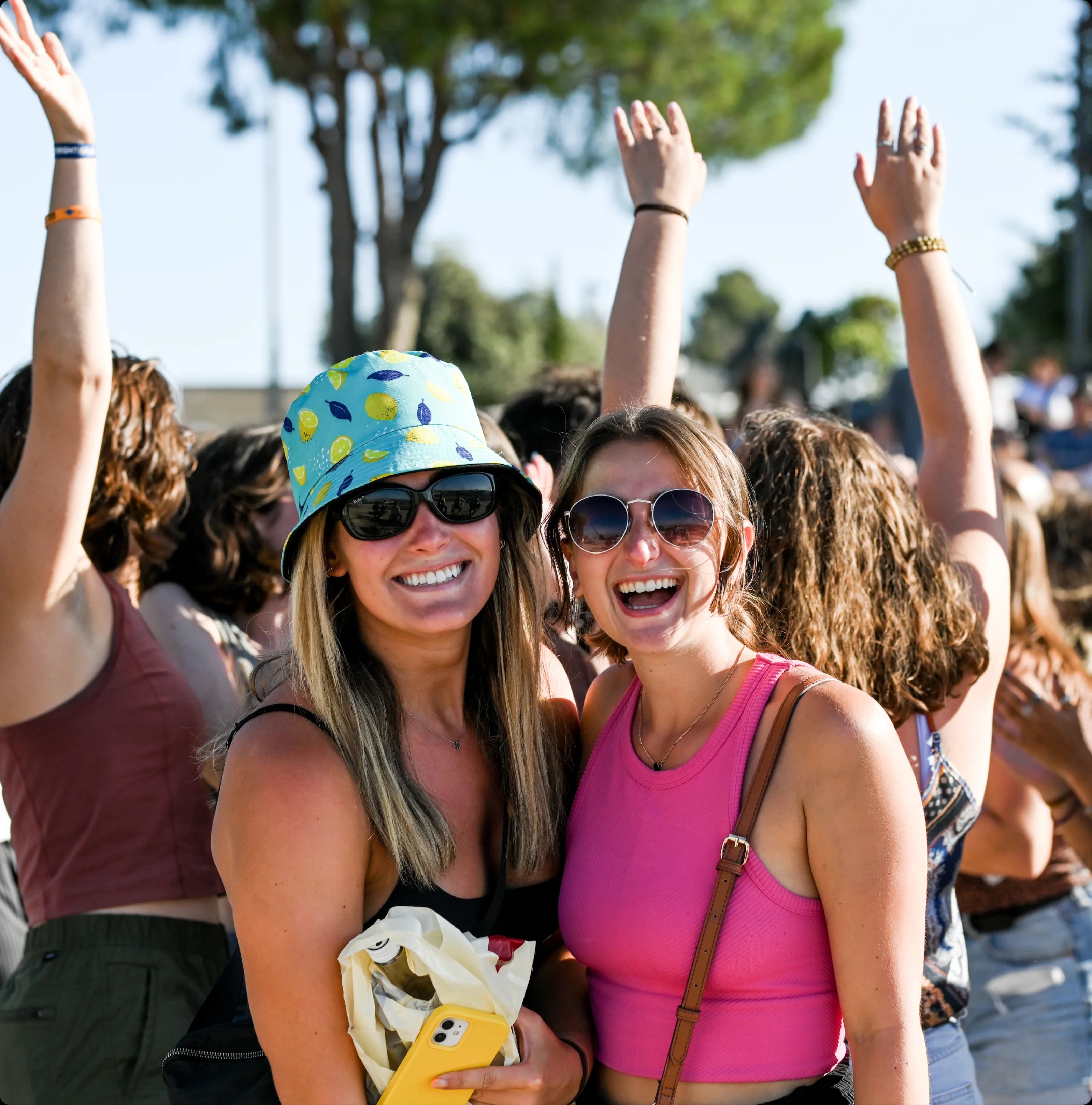 Friends cheering in the crowd at an outdoor festival